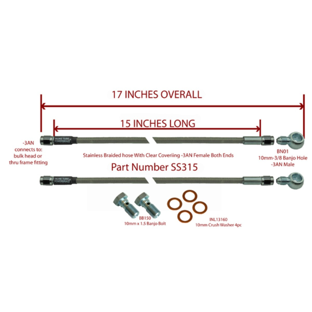 15" Stainless Braided Flex Hose -3an Female to 10mm X 1.5 Banjo And Bolts