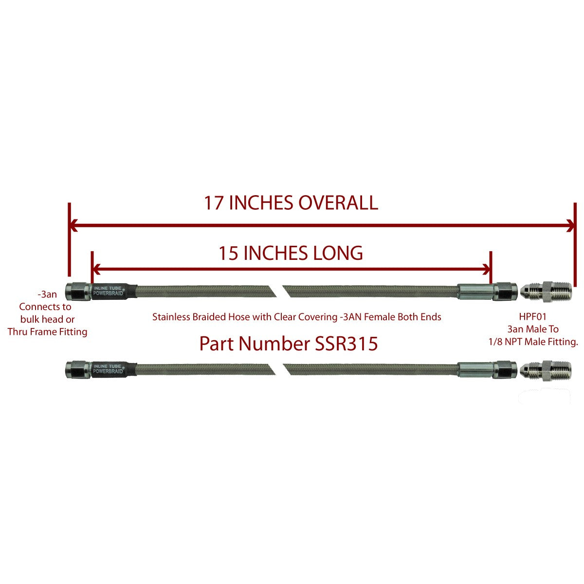Pair Of Stainless Steel Flex Hose Rear 15" 3an Female to 1/8" Pipe Male