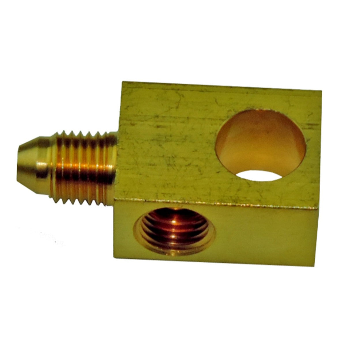 Brass Tee, 3an Male to 3/8"-24 Female Inverted Flare for 3/16" Brake Line, 7/16" Mounting Hole, GM..