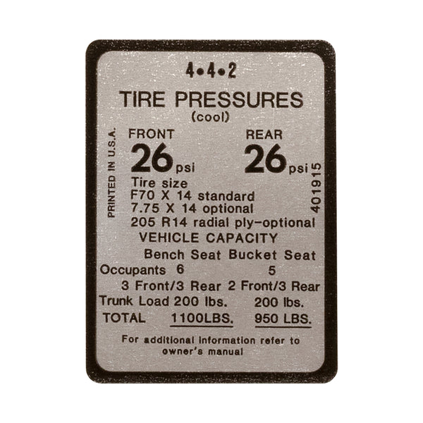 1968 Oldsmobile Cutlass Tire Pressure Decal 1pc