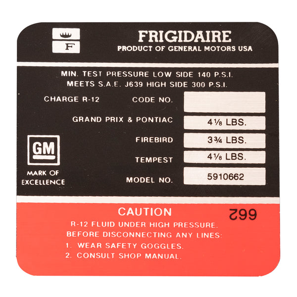 1968-70 Pontiac Only Frigidaire Air Conditioner Compressor Decal