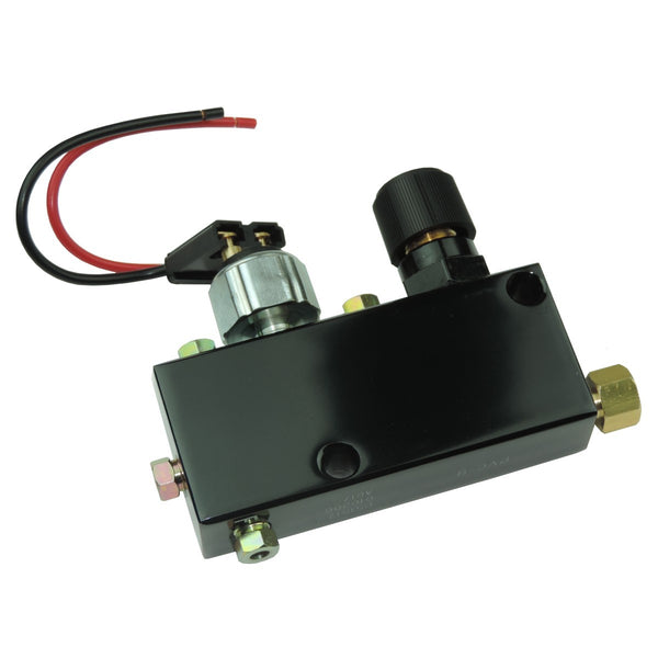 Adjustable Proportioning Valve - Black Finish, with 3/16" inverted flare all ports. Comes with brake light switch and lead wire.